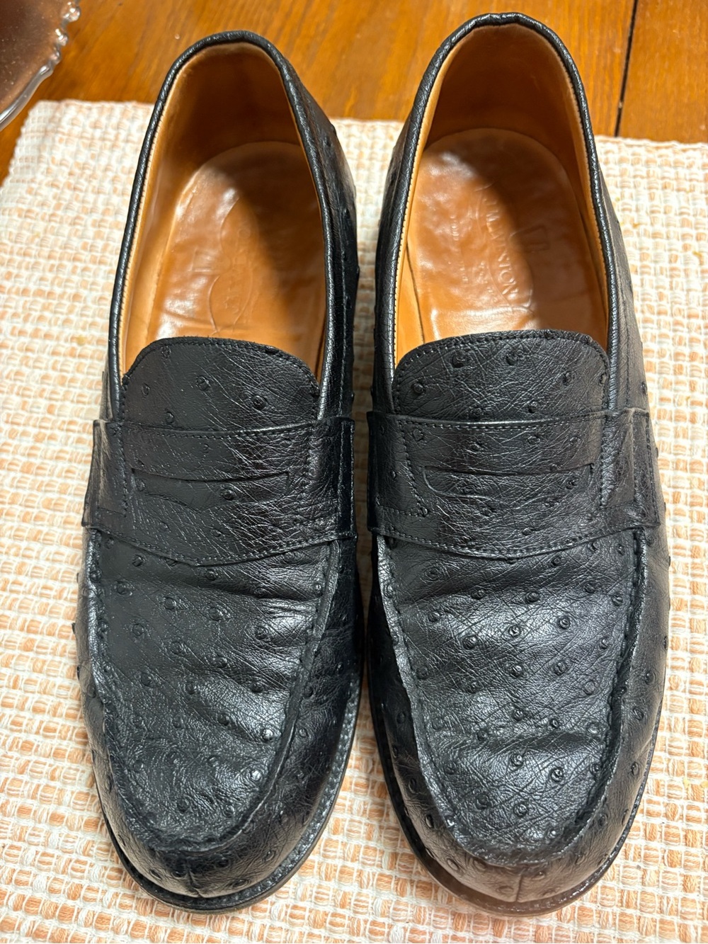 Men's Black Ostrich-Texture Penny Loafers J M Weston